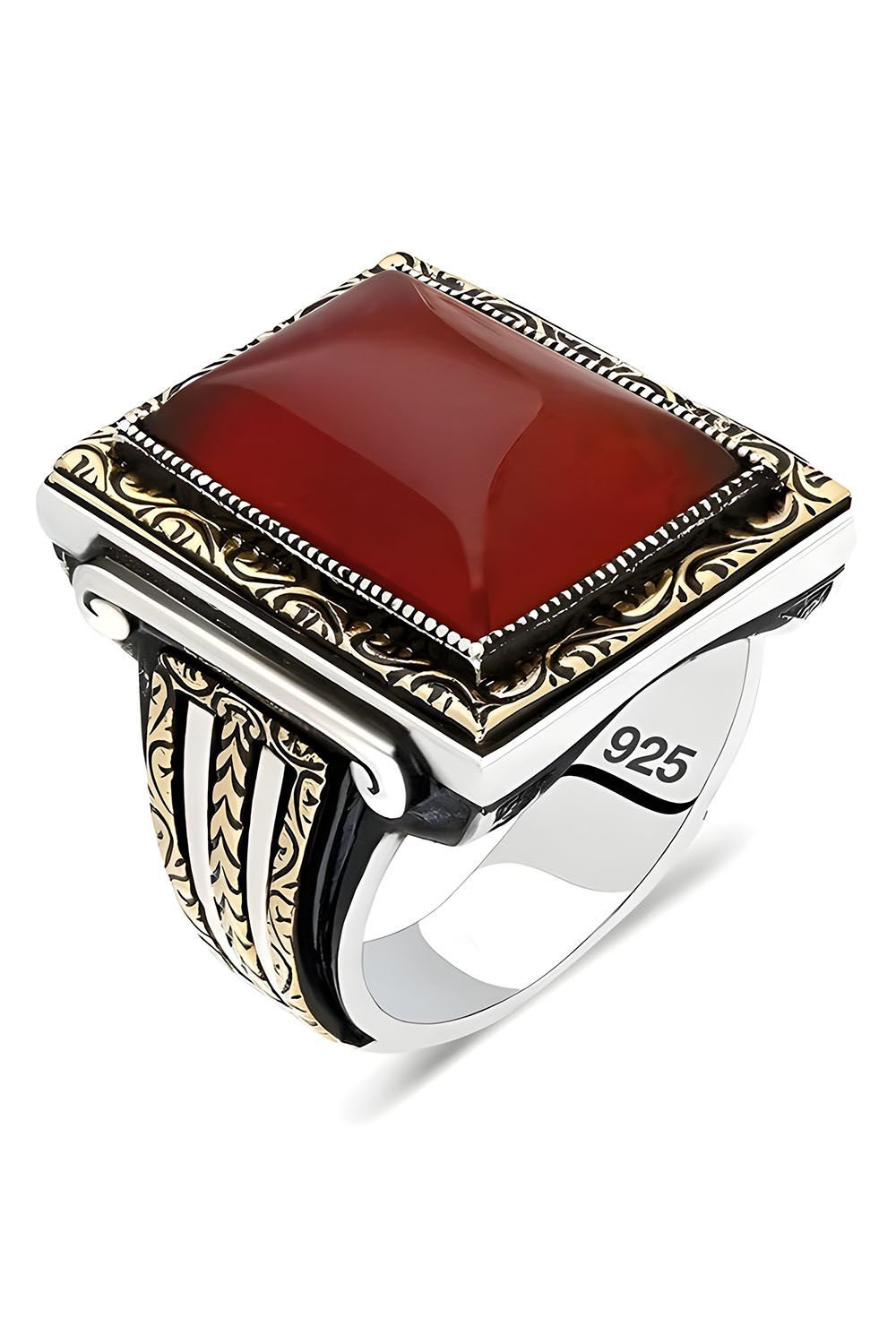 Akik Taşlı Dikdörtgen Model Kalem İşlemeli Yüzük