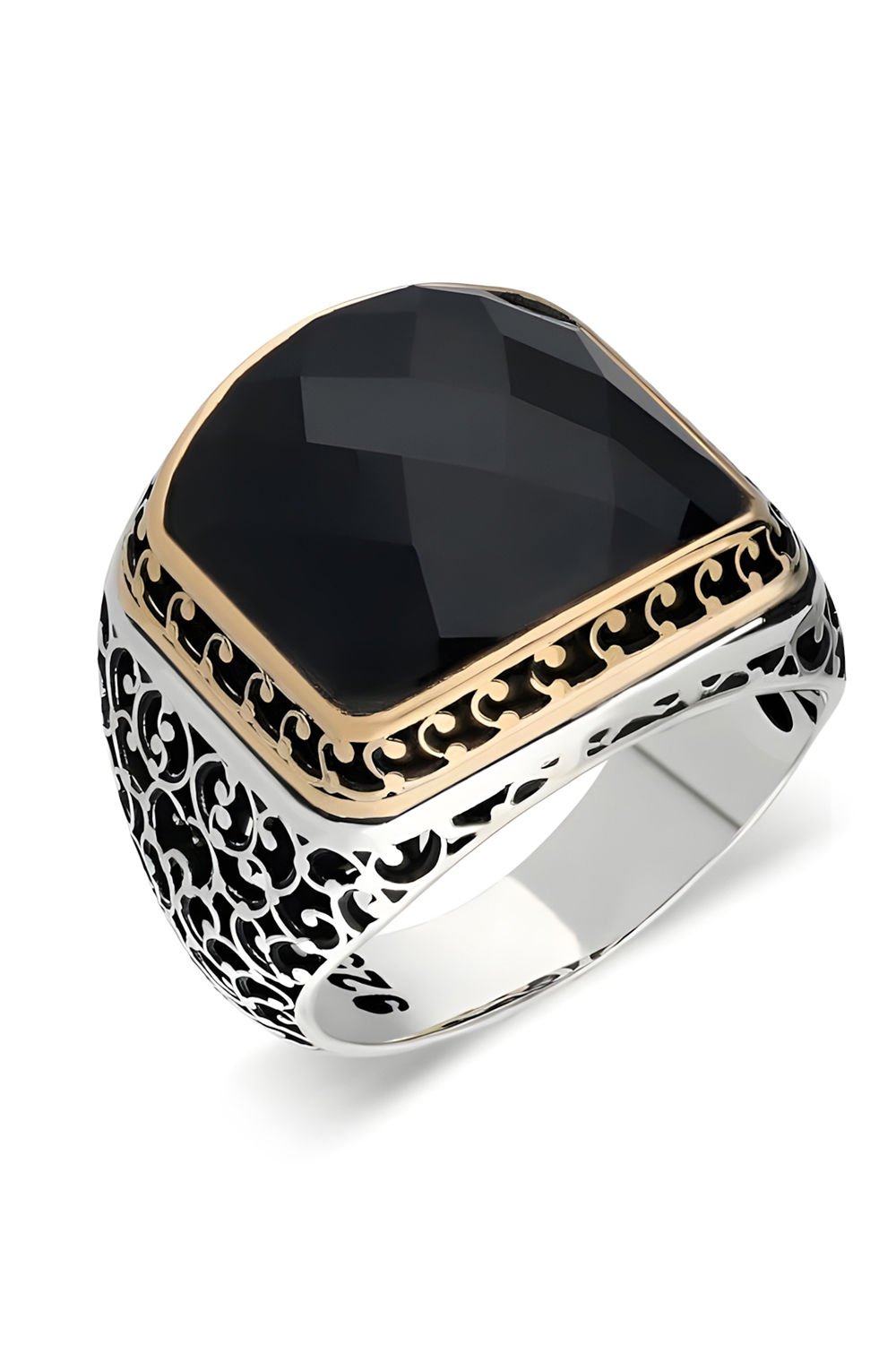 Sarmaşık İşlemeli Siyah Zirkon Taşlı Gümüş Yüzük