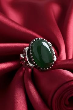 Kurdele Model Yeşil Akik Taşlı El İşi Gümüş Yüzük