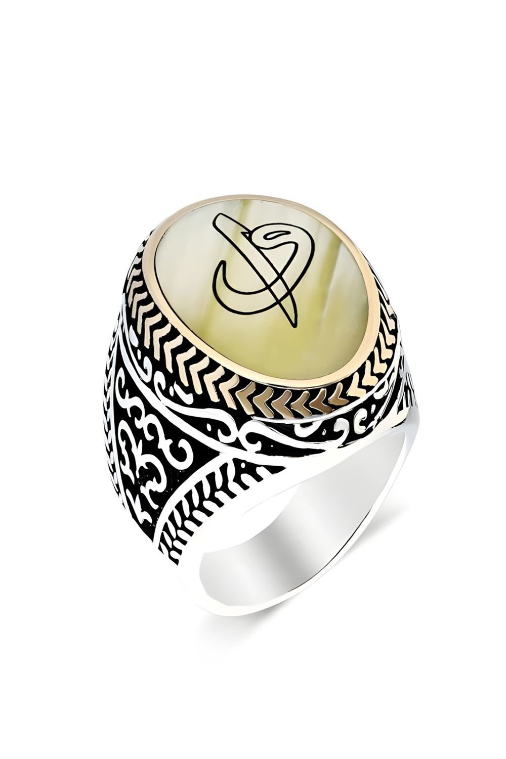 Sedef Taşı Üzerine Vav Elif Gümüş Erkek Yüzük