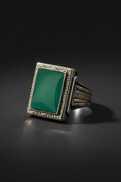 Yeşil Akik Dikdörtgen Kalem İşlemeli Gümüş Yüzük