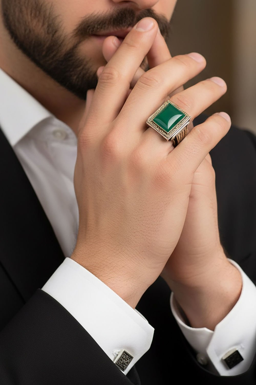 Yeşil Akik Dikdörtgen Kalem İşlemeli Gümüş Yüzük