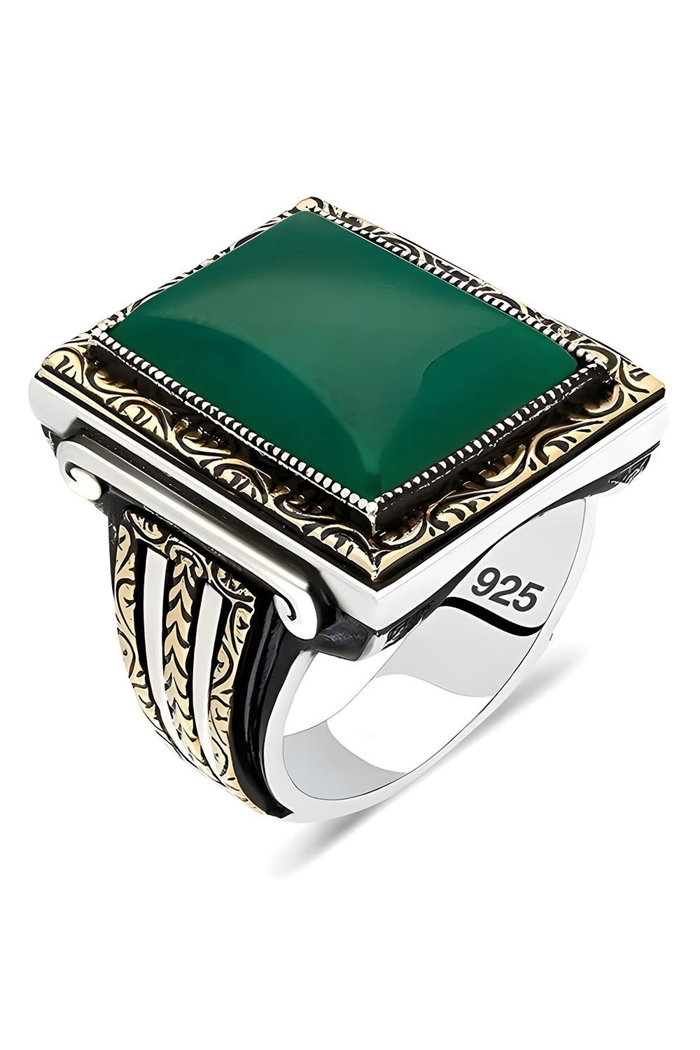 Yeşil Akik Dikdörtgen Kalem İşlemeli Gümüş Yüzük