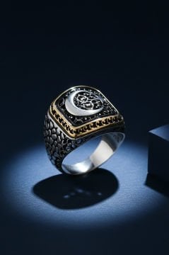 Benekli Model Ay Yıldız Model Taşsız Gümüş Yüzük