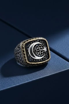 Benekli Model Ay Yıldız Model Taşsız Gümüş Yüzük