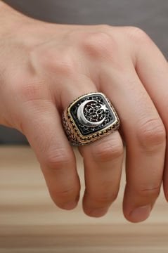 Benekli Model Ay Yıldız Model Taşsız Gümüş Yüzük