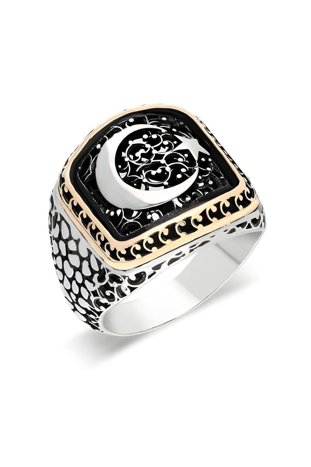 Benekli Model Ay Yıldız Model Taşsız Gümüş Yüzük