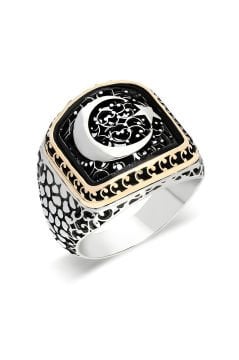 Benekli Model Ay Yıldız Model Taşsız Gümüş Yüzük