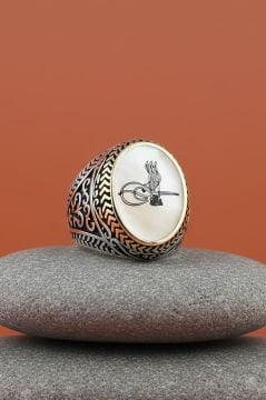 Sedef Taşı Üzerine Tuğra Gümüş Erkek Yüzük