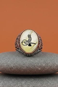 Sedef Taşı Üzerine Tuğra Gümüş Erkek Yüzük