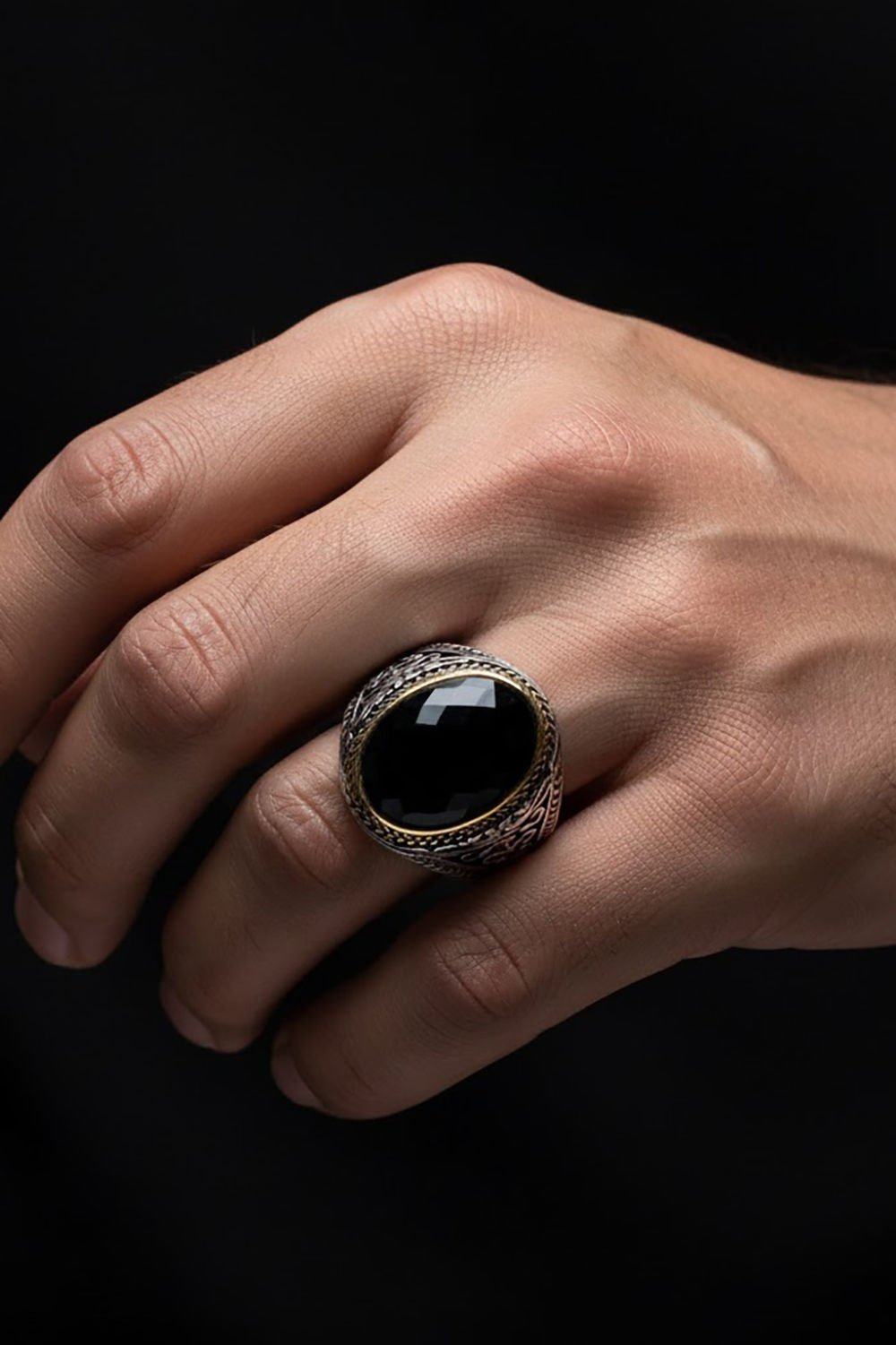 Siyah Zirkon Taşlı Gümüş Erkek Yüzük