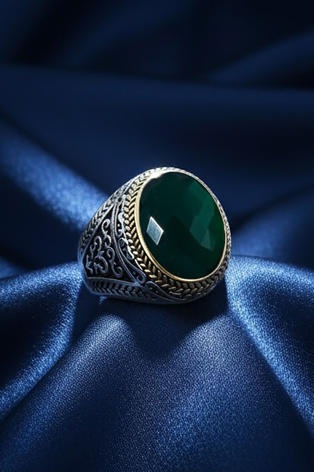Yeşil Zirkon Taşlı Gümüş Erkek Yüzük