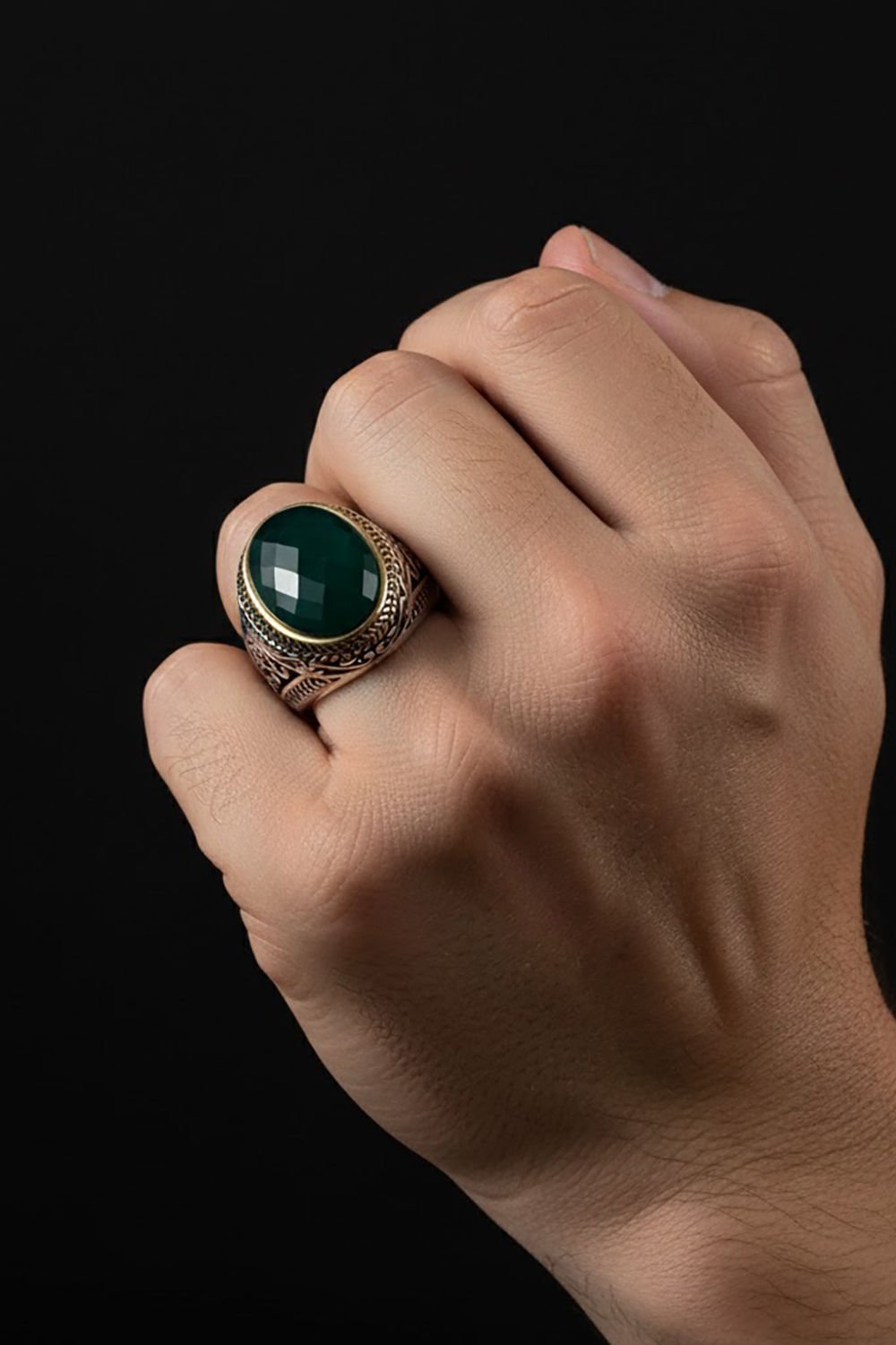 Yeşil Zirkon Taşlı Gümüş Erkek Yüzük