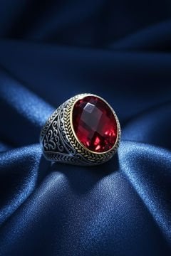 Kırmızı Zirkon Taşlı Gümüş Erkek Yüzük