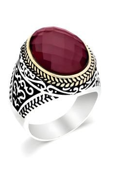 Kırmızı Zirkon Taşlı Gümüş Erkek Yüzük