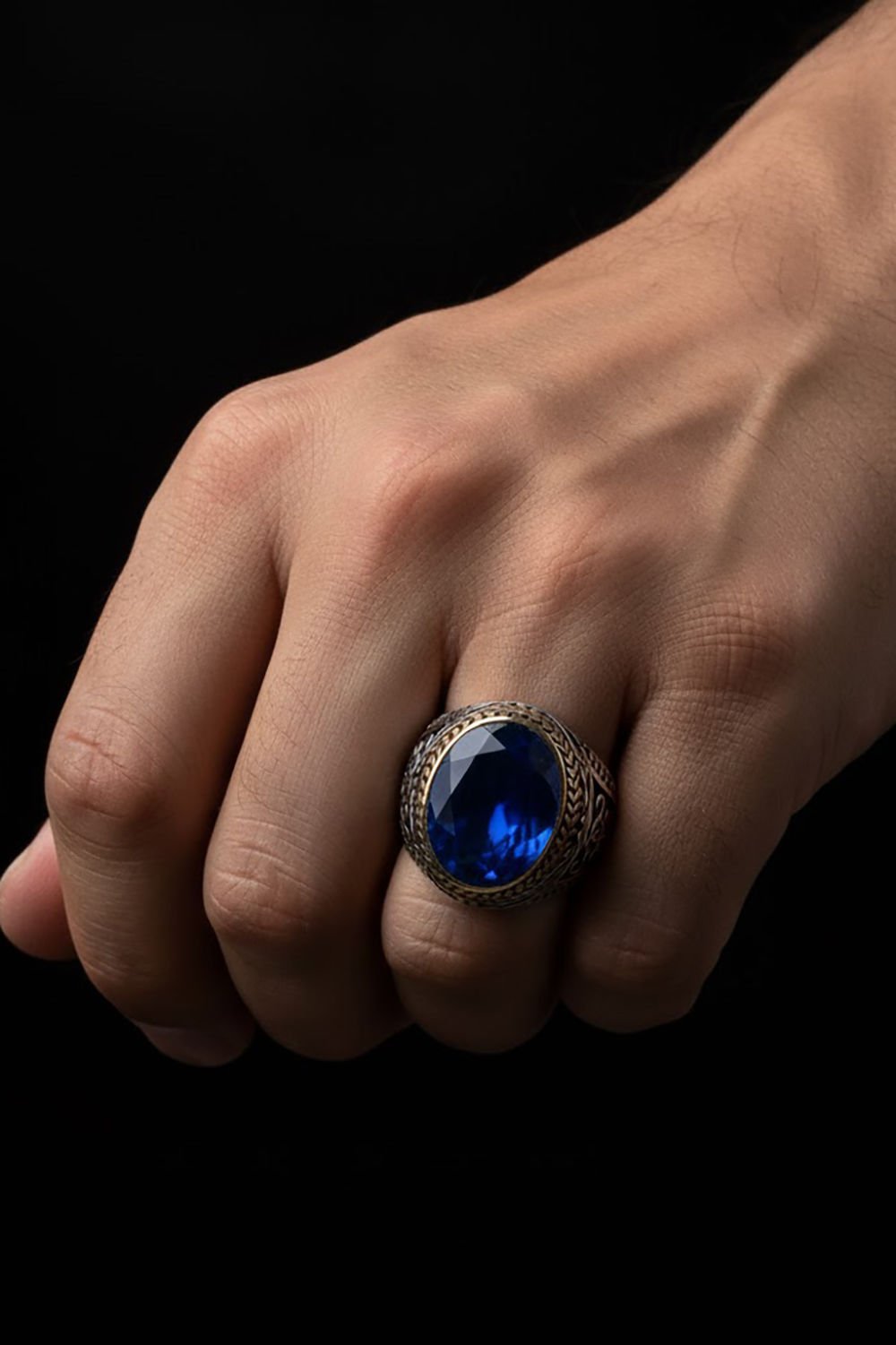 Mavi Zirkon Taşlı Gümüş Erkek Yüzük