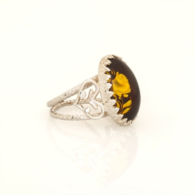 Damla Kehribar İçine Gül Oyma El İşi Gümüş Yüzük