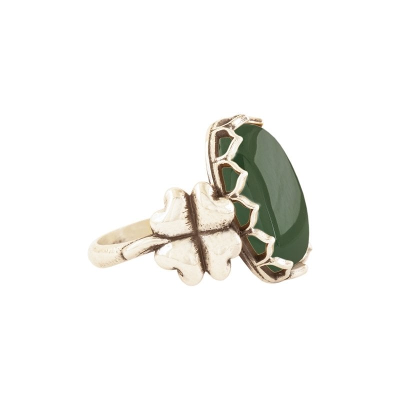 Yonca Model Yeşil Akik Taşlı El İşi Gümüş Yüzük