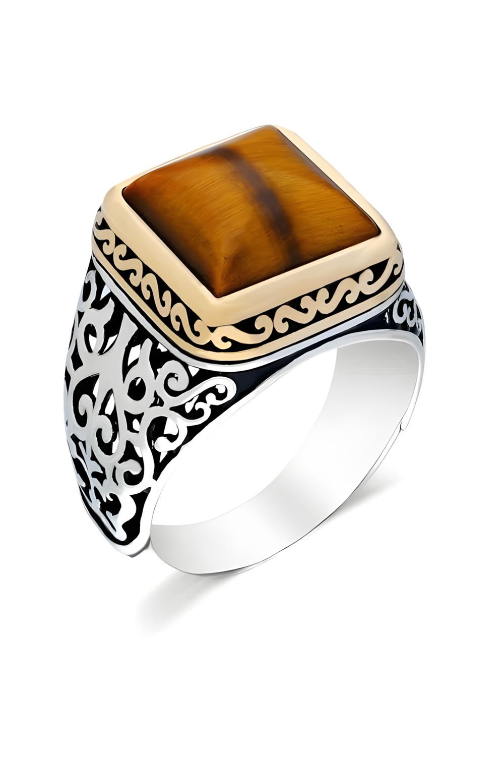 Kare Model Kaplangözü Taşlı Gümüş Erkek Yüzük