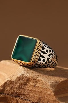Kare Model Yeşil Akik Taşlı Gümüş Erkek Yüzük