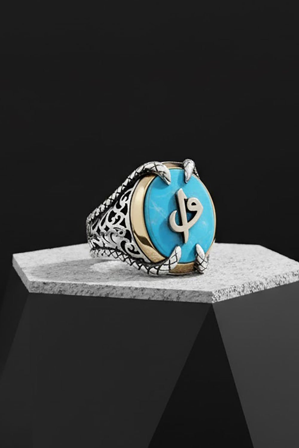 Pençe Model Firüze Taşı Üzerine Vav Elif Yüzük