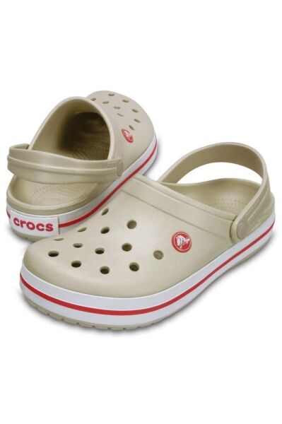 Crocs Bej Unisex Crocband Kenarı Kırmızı Beyaz Çizgili Terlik