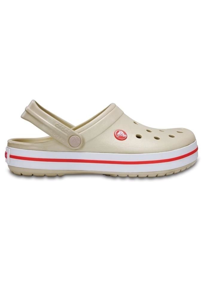 Crocs Bej Unisex Crocband Kenarı Kırmızı Beyaz Çizgili Terlik