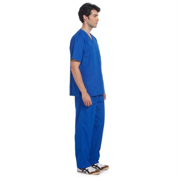 V Yaka Takım Kısa Kol Saks Mavi