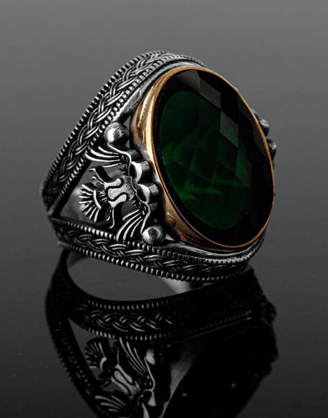 Selçuklu Kartalı Modeli Yeşil Taşlı Gümüş Erkek Yüzüğü