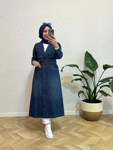 Kadın 6625-2  Kuşaklı Denim Trençkot