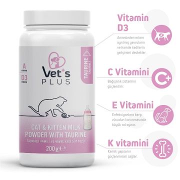 Vet's Plus Hamile ve Yavru Kediler için Taurinli Süt Tozu 200gr