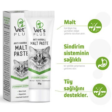 Vet's Plus Anti-Hairball Sağlıklı Tüyler için Malt Kedi Macunu 30gr