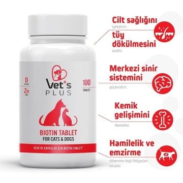 Vet's Plus Kedi ve Köpek için Tüy Sağlığı Güçlendirici Biyotin Tablet (100'lü)