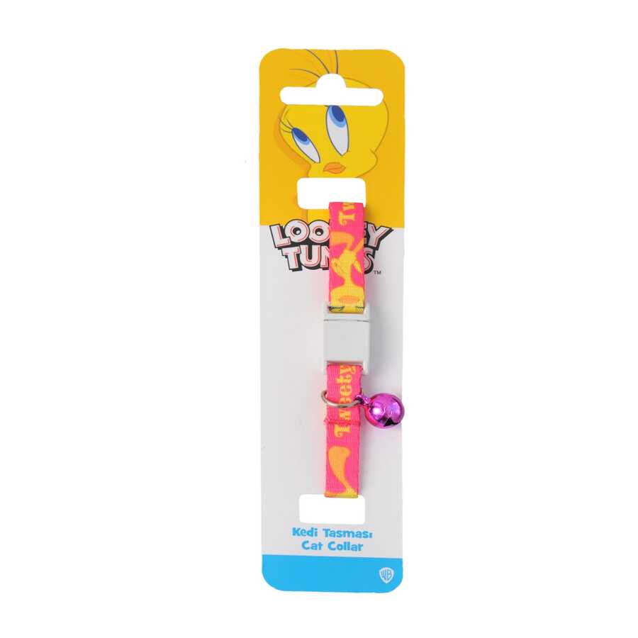 Tweety Pembe Sarı Desenli Güvenlik Kilitli Ayarlanabilir Yumuşak Doku Kedi Boyun Tasması 22-30 cm