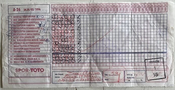 Spor Loto Kupon Kağıdı 1996