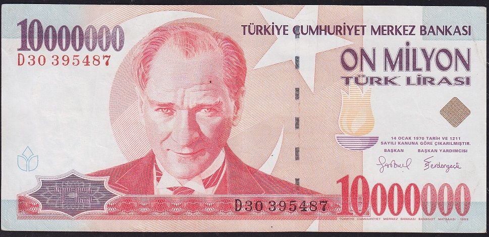 7.Emisyon 10 000 000 Lira D30 395487 Çok Temiz+