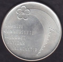 1973 Yılı 100 Lira Türkiye Cumhuriyeti 50. Yıl Gümüş ( 22 gram )
