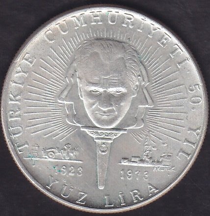 1973 Yılı 100 Lira Türkiye Cumhuriyeti 50. Yıl Gümüş ( 22 gram )