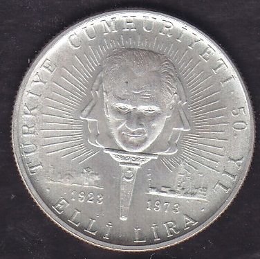 1973 Yılı 50 Lira Türkiye Cumhuriyeti 50. Yıl Gümüş ( 13 gram )