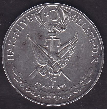 1960 Yılı 10 Lira - Hakimiyet Milletindir İhtilal Gümüş ( 15 Gram )