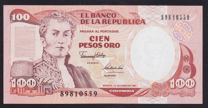Kolombiya 100 Pesos 1 Ocak 1991 Çil Pick426e