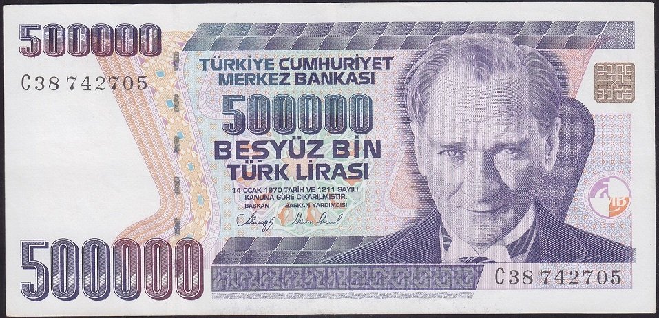 7.Emisyon 1.Tertip 500000 Lira C38 742705 ÇçT Çilaltı ortada bir kat vardır