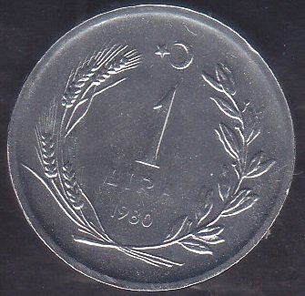 1980 Yılı 1 Lira Çilaltı Çil  (Düz )