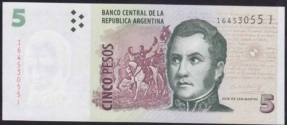 Arjantin 5 Pesos 2014 - 2015 Çil - Seri J Pick353d