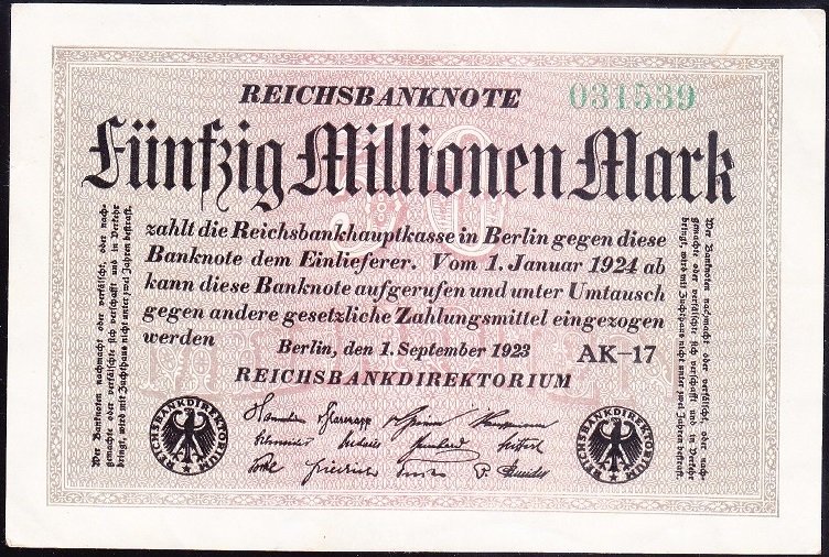 Almanya 50 Milyon Mark Çok Çok Temiz 1923 Beyaz ( Filigranı Kağıt Kanca Yıldızlar )