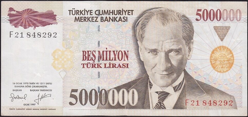 7.Emisyon 5 000 000 Lira F21 848292 Çok Temiz+