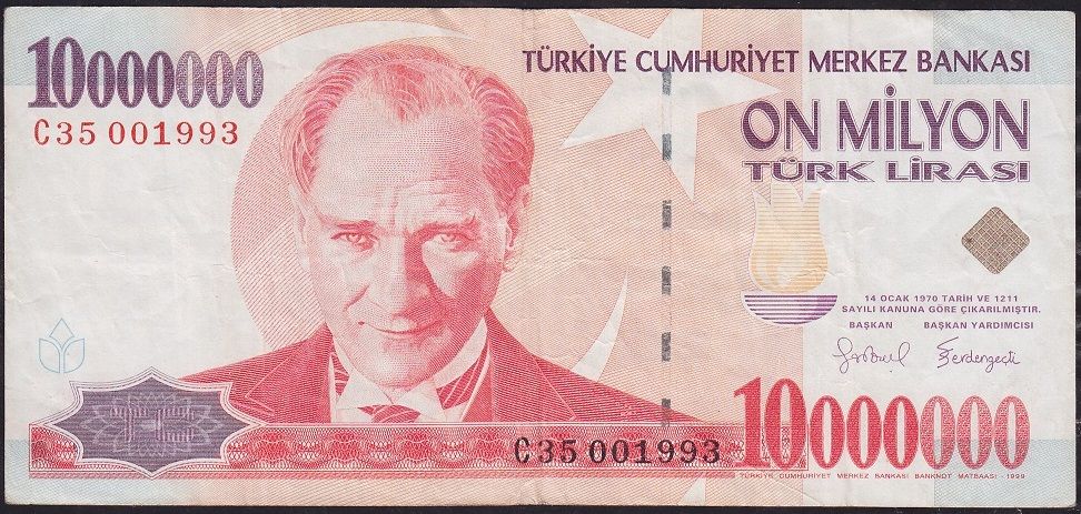 7.Emisyon 10 000 000 Lira C35 001993 Çok Temiz