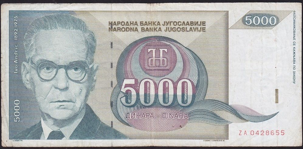 Yugoslavya 5000 Dinar 1992 Çok Temiz Z Serisi Replacement