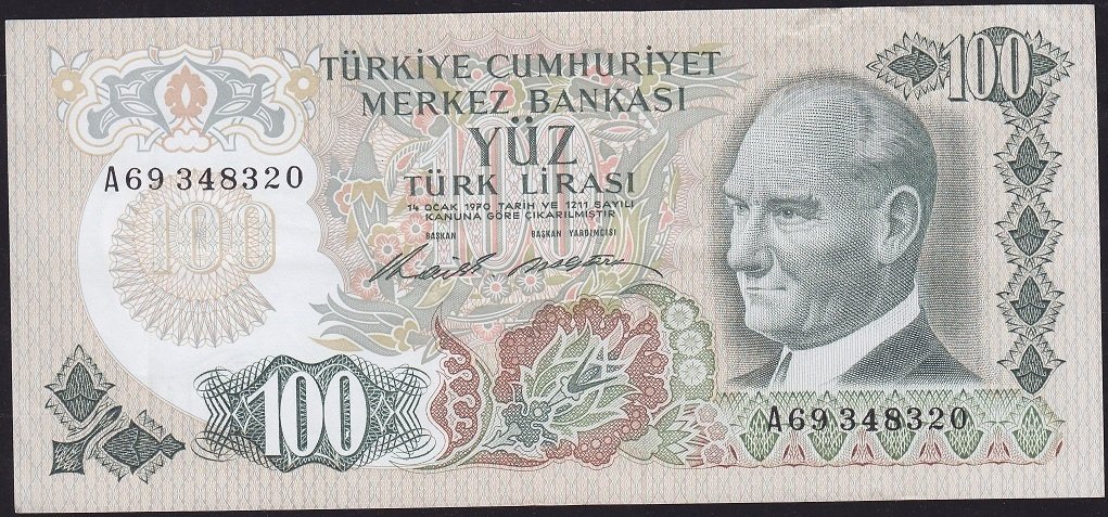 6.Emisyon 1.Tertip 100 Lira A69 348320 Çok Temiz+