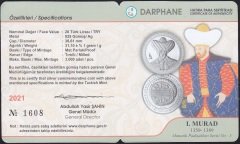 2021 Yılı 20 Lira 1. Murad Hatıra Para Sertifikalı Çil Gümüş
